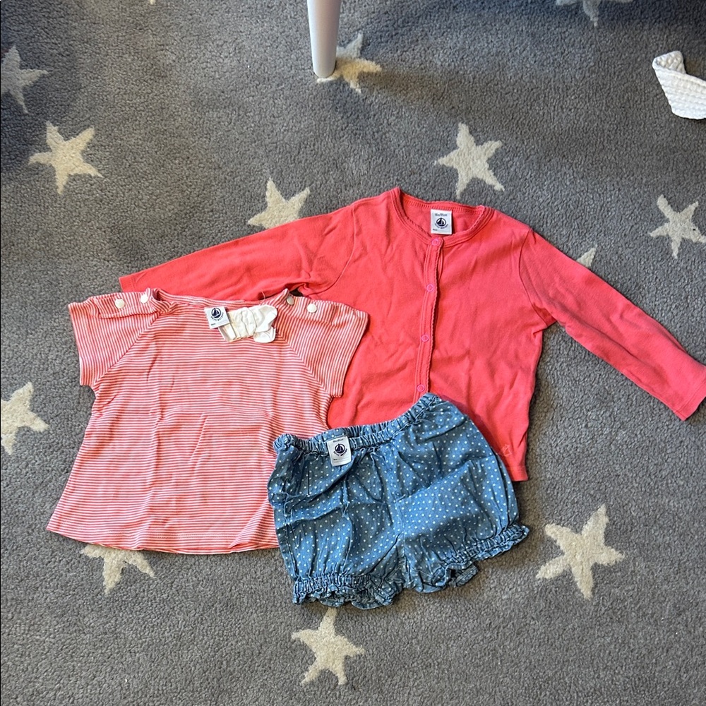 Petit Bateau Pink Baby Cardigan, shirt and shorts set